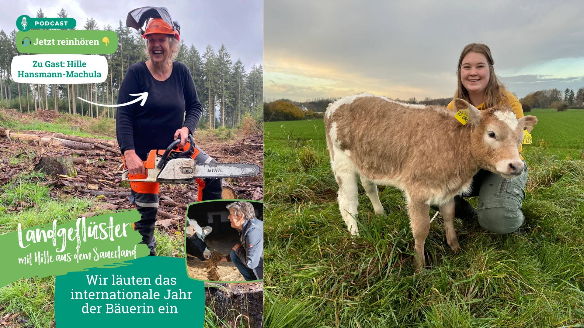 Fotomontage: Podcast-Hinweis Hille Hansmann-Machula, Jungbäuerin Anna Große Austrup (© Hille Hansmann-Machula/ Anna Große Austrup)